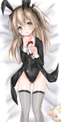 Rule 34 | 1girl, alternate costume, bed sheet, black coat, black leotard, black ribbon, blush, boko (girls und panzer), bow, bowtie, brown eyes, coat, coattails, collar, commentary, covered navel, detached collar, from above, girls und panzer, gluteal fold, grey thighhighs, hair ribbon, head tilt, highres, langley1000, leotard, light brown hair, light frown, long hair, long sleeves, looking at viewer, lying, on back, on bed, one side up, open mouth, playboy bunny, red bow, red bowtie, revision, ribbon, shimada arisu, solo, stuffed animal, stuffed toy, teddy bear, thighhighs, white collar, wing collar