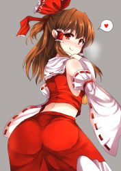 Rule 34 | 1girl, :q, ass, bad id, bad pixiv id, bare shoulders, bent over, blush, bow, brown hair, commentary request, cowboy shot, detached sleeves, from behind, hair bow, hair tubes, hakurei reimu, heart, highres, long hair, long sleeves, looking at viewer, looking back, naughty face, nose blush, red bow, red eyes, red shirt, red skirt, ribbon-trimmed sleeves, ribbon trim, sameya, shirt, sidelocks, skirt, skirt set, sleeveless, sleeveless shirt, solo, spoken heart, tongue, tongue out, touhou, wide sleeves
