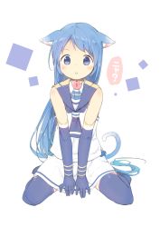 Rule 34 | 10s, 1girl, animal ears, blue eyes, blue hair, blush, cat ears, cat tail, chestnut mouth, elbow gloves, gloves, kantai collection, kemonomimi mode, long hair, neckerchief, oge (ogeogeoge), sailor collar, samidare (kancolle), sitting, solo, tail, thighhighs, v arms, very long hair, wariza, white background