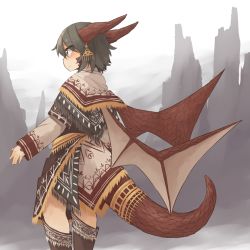 Rule 34 | 1girl, black eyes, black hair, capelet, commentary request, dragon girl, dragon horns, dragon tail, dragon wings, female focus, highres, horns, jewelry, kaginoni, light smile, long sleeves, looking to the side, monster girl, mountain, original, outdoors, profile, scales, short hair, solo, tail, wings