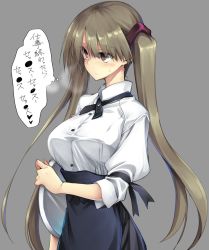 Rule 34 | 10mo, 1girl, apron, black apron, blouse, breasts, brown eyes, commentary request, copyright request, empty eyes, grey background, large breasts, light brown hair, long hair, shirt, simple background, solo, twintails, upper body, very long hair, white shirt