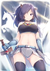 Rule 34 | 1girl, absurdres, black thighhighs, blush, breasts, closed mouth, duel monster, elbow gloves, from below, frown, gloves, gluteal fold, hair ornament, hair over one eye, highres, holding, holding weapon, horse, kanzakietc, looking at viewer, medium breasts, midriff, miniskirt, navel, purple eyes, purple hair, skirt, solo, sword, thighhighs, valkyrie funfte, weapon, yu-gi-oh!