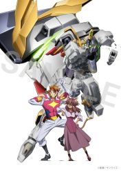 Rule 34 | 1boy, 1girl, abs, animal ear fluff, animal ears, annoyed, artist name, brown hair, clenched hand, clenched teeth, damaged, ear piercing, elbowing, glowing, glowing eyes, green eyes, grey eyes, gundam, gundam aegis knight, gundam build divers, gundam build divers re:rise, gundam justice knight, hand on own hip, headband, highres, looking down, maiya (gundam build divers re:rise), mecha, official art, piercing, red headband, robot, sample watermark, second-party source, tail, teeth, torimachi kazami, watermark, white background