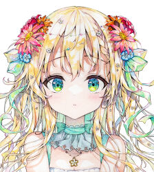Rule 34 | 1girl, bare shoulders, blonde hair, blue flower, bow, braid, breasts, cleavage, commentary request, flower, green bow, green eyes, hair between eyes, hair bow, hair flower, hair ornament, long hair, looking at viewer, mizuki yuuma, orange flower, original, painting (medium), parted lips, red flower, simple background, small breasts, solo, traditional media, watercolor (medium), white background, white flower
