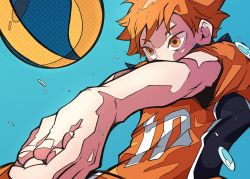 Rule 34 | 1boy, ball, blue background, chappii (paon gunsou), commentary request, fingernails, haikyuu!!, highres, hinata shouyou, jersey, male focus, orange eyes, orange hair, own hands together, short hair, short sleeves, solo, sportswear, sweat, volleyball, volleyball (object), volleyball uniform
