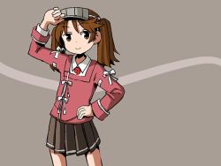 Rule 34 | 1girl, adjusting headwear, brown eyes, brown hair, commentary, english commentary, hand on own hip, japanese clothes, kantai collection, kariginu, magatama, pleated skirt, ribbon-trimmed sleeves, ribbon trim, ryuujou (kancolle), sixten, skirt, smile, solo, twintails, visor cap