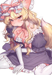 Rule 34 | 1girl, absurdres, animal ears, bow, breasts, choker, cleavage, closed mouth, collarbone, dress, elbow gloves, fox ears, fox tail, frilled dress, frills, full body, gloves, hair between eyes, hair bow, hand on own thigh, hat, hat ribbon, head tilt, heavy breathing, highres, lace, lace-trimmed legwear, lace trim, large breasts, long hair, looking at viewer, looking to the side, masanaga (tsukasa), motion lines, outline, pink bow, pink ribbon, pout, puffy short sleeves, puffy sleeves, purple dress, purple eyes, ribbon, ribbon choker, shiny clothes, shiny skin, short sleeves, sidelocks, simple background, sitting, solo, sweat, sweatdrop, tail, touhou, very long hair, wariza, white background, white hat, white legwear, yakumo yukari