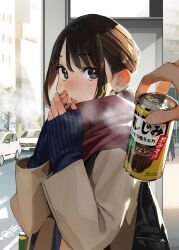 Rule 34 | 1girl, black eyes, blue sweater, blush, brown coat, brown hair, can, car, coat, cold, commentary request, douki-chan (douki-chan), fingernails, ganbare douki-chan, highres, long sleeves, looking at viewer, motor vehicle, open mouth, red scarf, scarf, short hair, sidelocks, solo focus, sweater, yomu (sgt epper)