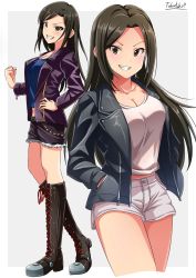 Rule 34 | 1girl, absurdres, black footwear, black shorts, blue shirt, boots, border, breasts, brown eyes, brown hair, cleavage, collarbone, cropped legs, cross-laced footwear, full body, grey background, grey jacket, grin, hand in pocket, hand on own hip, highres, idolmaster, idolmaster cinderella girls, jacket, knee boots, lace-up boots, large breasts, long hair, long sleeves, looking at viewer, midriff, mukai takumi, open clothes, open jacket, purple jacket, shirt, short shorts, shorts, smile, standing, stomach, takatsuki p, very long hair, white border, white shirt, white shorts