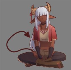 Rule 34 | 1girl, black choker, black thighhighs, boots, brown footwear, choker, closed mouth, cropped jacket, curled horns, dark-skinned female, dark skin, demon girl, demon horns, demon tail, grey background, grey shorts, head tilt, horn ornament, horns, indian style, jacket, jewelry, long hair, looking at viewer, midriff, navel, necklace, niseoto, open clothes, open jacket, original, pointy ears, red eyes, red jacket, short shorts, shorts, sidelocks, simple background, sitting, smile, solo, strapless, tail, thighhighs, toeless footwear, tube top, white hair