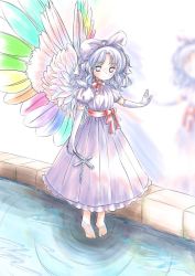 Rule 34 | 1980s (style), bad id, bad twitter id, barefoot, blue eyes, blue hair, bow, commentary request, cross, dress, elbow gloves, expressionless, feathered wings, frilled dress, frills, full body, gloves, hair bow, highres, holding, holding cross, mai (touhou), medium hair, multicolored wings, oldschool, pink bow, pink dress, red ribbon, red sash, retro artstyle, ribbon, sash, sketch, takemoto izumi (style), touhou, touhou (pc-98), water, wavy hair, white gloves, white wings, wings, yatyou