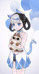 Rule 34 | 1girl, absurdres, animal ears, balloon, bambinata: vitrum (punishing: gray raven), bambinata (punishing: gray raven), black hair, black leotard, blue dress, blue eyes, blue tail, braid, brown cat, cat, cat ears, cat tail, commentary request, doll joints, dress, fake animal ears, fake tail, freckles, hair ornament, heart, heart-shaped pupils, heart hair ornament, highres, joints, leotard, mechanical arms, mechanical legs, multicolored hair, punishing: gray raven, ribbon, short dress, solo, symbol-shaped pupils, tail, tail ornament, tail ribbon, ting zhi yue, twin braids, two-tone hair, white dress, white hair, white ribbon