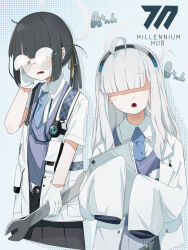 Rule 34 | 2girls, ahoge, belt, black hair, black skirt, blue archive, blue cardigan, blue necktie, blunt bangs, blunt tresses, blush, cardigan, character name, collared shirt, commentary request, cropped legs, english text, gloves, grey hair, hair over eyes, hairband, halo, hand on own face, hand up, highres, holding, holding tablet pc, holding wrench, jacket, long hair, long sleeves, looking at viewer, lower teeth only, millennium science school logo, millennium science school student (blue archive), millennium science school student a (blue archive), millennium science school student b (blue archive), multiple girls, necktie, open clothes, open jacket, ponytail, rimless eyewear, round eyewear, shirt, sidelocks, skirt, sleeves past fingers, sleeves past wrists, sweatdrop, tablet pc, teeth, white gloves, white jacket, white shirt, wrench, yellow eyes, yuindesu
