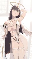 Rule 34 | 1girl, angel wings, arm behind head, armlet, bikini, blunt bangs, candle, cloba, cowboy shot, cross, cross necklace, gold trim, green eyes, habit, halo, highres, jewelry, long hair, micro bikini, navel, necklace, o-ring, original, second-party source, see-through, stole, swimsuit, thighhighs, white thighhighs, white wings, wings, wrist cuffs
