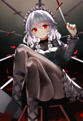 1girl, alternate costume, artist name, ass, bangs, black footwear, black legwear, blush, bow, braid, breasts, closed mouth, commentary request, cross-laced footwear, dark background, dress, eyebrows visible through hair, foot out of frame, frills, from below, gradient, gradient background, grey background, grey dress, hair between eyes, hair bow, hair ribbon, hand up, holding, holding knife, izayoi sakuya, juliet sleeves, knife, legs crossed, long sleeves, looking at viewer, maid headdress, medium breasts, medium hair, nail polish, pantyhose, puffy sleeves, red eyes, red nails, ribbon, sakizaki saki-p, side braids, silver hair, simple background, sitting, smile, solo, throwing knife, touhou, tress ribbon, twin braids, weapon, white bow, white headwear