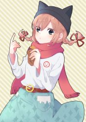 Rule 34 | 1girl, absurdres, animal ears, animal hat, bad id, bad pixiv id, beanie, belt, belt buckle, blue eyes, blue skirt, blush, braid, brown belt, buckle, cat ears, cat hat, closed mouth, commentary request, diagonal stripes, fingernails, food, hair between eyes, hair ribbon, hat, highres, hiroshi (jasinloki), holding, holding food, light brown hair, long hair, long sleeves, low twintails, original, red ribbon, red scarf, ribbon, roasted sweet potato, scarf, shirt, skirt, solo, sparkle, striped, striped background, sweet potato, twin braids, twintails, white shirt
