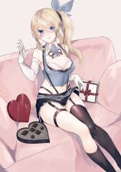 Rule 34 | 1girl, asymmetrical legwear, bare shoulders, black skirt, blonde hair, blue eyes, blush, box, box of chocolates, breasts, chocolate, cleavage, clothes lift, commentary request, couch, elbow gloves, funyo (masa), gift, gloves, hair between eyes, hair ribbon, heart, highres, large breasts, lifted by self, long hair, looking at viewer, miniskirt, mirai akari, mirai akari project, mismatched legwear, ribbon, side ponytail, simple background, sitting, skirt, skirt lift, smile, solo, thighhighs, virtual youtuber, white background, white gloves