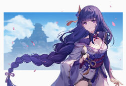 Rule 34 | 1girl, armor, bird, bird on hand, blue sky, blunt bangs, blurry, blurry background, border, braid, breasts, bridal gauntlets, building, cleavage, cloud, commentary, cowboy shot, day, falling petals, floating hair, flower knot, genshin impact, hair ornament, highres, japanese clothes, kimono, long hair, looking at viewer, low-braided long hair, low-tied long hair, medium breasts, mitsudomoe (shape), mole, mole under eye, neck ribbon, obi, obiage, obijime, off shoulder, outdoors, outside border, panpanmeiyou hp, pauldrons, petals, purple eyes, purple hair, purple kimono, raiden shogun, ribbon, sash, shoulder armor, single braid, single pauldron, sky, smile, solo, standing, tassel, tassel hair ornament, tomoe (symbol), white border, wide sleeves, wind