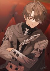 Rule 34 | 1boy, arm belt, artist name, astral express (honkai: star rail), belt, black-framed eyewear, black gloves, brown hair, closed eyes, commentary request, couch, crossed arms, fubuki (fakemonkey0224), glasses, gloves, grey jacket, grey scarf, hair over one eye, highres, honkai: star rail, honkai (series), jacket, long sleeves, male focus, multicolored hair, on couch, open clothes, open jacket, parted lips, scarf, short hair, signature, single glove, sitting, sleeping, sleeping upright, solo, streaked hair, welt yang, white hair