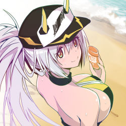 Rule 34 | 1girl, asahi, bare shoulders, baseball cap, beach, breasts, cleavage cutout, clothing cutout, hat, high ponytail, highleg, highleg swimsuit, holding, horns, huge breasts, kirihara junko, lilith-soft, long hair, looking at viewer, looking back, mechanical horns, one-piece swimsuit, ponytail, red eyes, sand, shiny clothes, shiny skin, simple background, smile, solo, sweat, swimsuit, taimanin (series), taimanin rpgx, upper body, very long hair, water, white hair