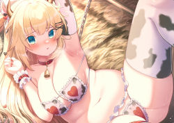 Rule 34 | 1girl, akai haato, animal collar, animal ears, animal print, arm up, armpits, bell, bikini, blonde hair, blue eyes, blush, breasts, cleavage, collar, commentary request, cow ears, cow horns, cow print, cowbell, detached sleeves, eyepatch bikini, frilled bikini, frills, hair ornament, hand up, heart, heart-shaped pupils, heart hair ornament, highres, hololive, horns, large breasts, light particles, long hair, looking at viewer, lying, magowasabi, nail polish, navel, neck bell, on back, parted lips, print bikini, print sleeves, print thighhighs, red nails, signature, solo, stomach, swimsuit, symbol-shaped pupils, thighhighs, twitter username, virtual youtuber, wrist cuffs, x hair ornament