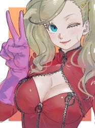 Rule 34 | 1girl, blonde hair, blue eyes, blush, bodysuit, border, breasts, catsuit, cleavage, cleavage cutout, clothing cutout, earrings, hair ornament, hairclip, highres, jacket, jewelry, large breasts, leather, leather jacket, lipstick, long hair, long sleeves, makeup, one eye closed, orange background, persona, persona 5, poechan chan, red lips, smile, solo, sparkle, takamaki anne, twintails, upper body, v, white border, zipper
