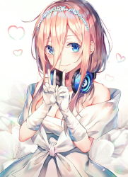 Rule 34 | 1girl, bare shoulders, blue eyes, blush, breasts, brown hair, cleavage, closed mouth, commentary request, dress, flower, gloves, go-toubun no hanayome, hair between eyes, hair ornament, hands up, headdress, headphones, headphones around neck, heart, highres, huwari (dnwls3010), index finger raised, large breasts, long hair, looking at viewer, nakano miku, revision, sidelocks, sleeveless, sleeveless dress, smile, solo, strapless, strapless dress, upper body, v, wedding dress, white background, white dress, white flower, white gloves