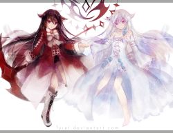 Rule 34 | 2girls, alice (pandora hearts), boots, bow, bowtie, brown hair, flower, flower necklace, holding hands, jewelry, lolita fashion, lyiet, multiple girls, necklace, pandora hearts, purple eyes, scythe, white eyes, white hair, will of the abyss