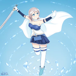 Rule 34 | 1girl, aqua footwear, artist name, artist request, bare legs, bare shoulders, belt, blue belt, blue eyes, blue skirt, blue sky, blush, boots, breasts, cape, cleavage, cloud, female focus, frilled shirt, frills, full body, gloves, grey hair, highres, holding, holding sword, holding weapon, light brown hair, looking at viewer, love live!, love live! sunshine!!, minami izumi325, outdoors, parted lips, shirt, short hair, skirt, sky, small breasts, smile, solo, standing, standing on one leg, sword, teeth, watanabe you, weapon, white cape, white gloves, white legwear