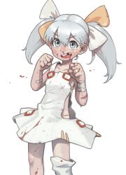 Rule 34 | 1girl, bandaged arm, bandages, blood, blood from mouth, blood on clothes, blood on face, blood on hands, clenched hands, female focus, grey eyes, grey hair, hair ornament, hands up, highres, looking at viewer, nosebleed, open mouth, opossumachine, scar, scar on arm, scar on leg, shirt, simple background, solo, standing, tama (wixoss), teeth, tongue, tooth gap, twintails, upper body, upper teeth only, white background, white hair, white shirt, wixoss