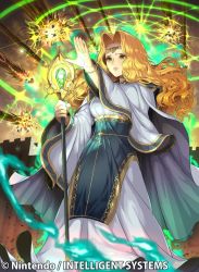 Rule 34 | 1girl, blonde hair, bracelet, company name, copyright name, dress, edain (fire emblem), fire emblem, fire emblem: genealogy of the holy war, fire emblem cipher, holding, holding staff, jewelry, long hair, long sleeves, nintendo, official art, parted lips, solo, staff, tenshu (mighto), wide sleeves, yellow eyes