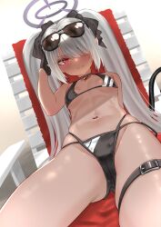 Rule 34 | 1girl, bare shoulders, bikini, black bikini, black gloves, blue archive, blush, breasts, cameltoe, choker, cleft of venus, closed mouth, collarbone, dark-skinned female, dark skin, eyewear on head, gloves, gluteal fold, grey hair, groin, hair over one eye, halo, hand up, highres, iori (blue archive), iori (swimsuit) (blue archive), long hair, looking at viewer, lying, meshiya, multi-strapped bikini bottom, navel, official alternate costume, on back, pointy ears, red eyes, skindentation, small breasts, smile, solo, spread legs, stomach, string bikini, sunglasses, swimsuit, tail, thigh strap, thighs, twintails, very long hair