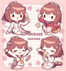 Rule 34 | 1girl, artist name, blue sailor collar, blush stickers, brown eyes, brown hair, character name, closed eyes, cup, dress, drinking, flower, food, fruit, hair flower, hair ornament, highres, holding, holding cup, holding food, holding fruit, kantai collection, long sleeves, multicolored hair, nada namie, neckerchief, open mouth, pink flower, sailor collar, sailor dress, short hair, smile, strawberry, tan yang (kancolle), twitter username, white dress, yellow neckerchief, yukikaze (kancolle), yukikaze kai ni (kancolle)