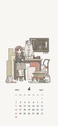 Rule 34 | 1girl, black eyes, blush, brown hair, closed mouth, coat, dog, east sha2, expressionless, hand saw, highres, looking at viewer, original, paint can, pants, pliers, saw, screwdriver, short hair, sitting, solo, stool, wrench