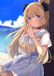 Rule 34 | 1girl, absurdres, ahoge, apron, blonde hair, blue sky, blurry, blurry background, blush, breasts, brown dress, choker, cloud, collarbone, commentary request, curled horns, day, depth of field, dress, hair between eyes, hair ornament, hairclip, hands up, highres, hololive, horizon, horns, long hair, looking at viewer, medium breasts, ocean, okota mikan, outdoors, parted lips, purple eyes, red choker, sailor collar, see-through, see-through sleeves, sheep horns, short sleeves, sky, solo, steepled fingers, tsunomaki watame, tsunomaki watame (street casual), very long hair, virtual youtuber, waist apron, water, white apron, white sailor collar