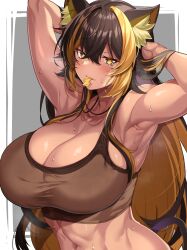 Rule 34 | 1girl, animal ears, armpits, arms behind head, arms up, bare arms, bare shoulders, biro-budou, black hair, blonde hair, blush, border, breasts, brown sports bra, cat ears, cat girl, cat tail, cleavage, colored inner hair, crossed bangs, dark-skinned female, dark skin, fang, grey background, hair between eyes, highres, indie virtual youtuber, large breasts, lightning bolt necklace, long hair, looking at viewer, mouth hold, multicolored hair, navel, nekoyo chloe, parted lips, solo, sports bra, steaming body, streaked hair, sweat, tail, toned, two-tone hair, upper body, virtual youtuber, white border, yellow eyes