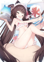 Rule 34 | 1girl, :d, ^ ^, animal ears, bare arms, bare shoulders, bikini, blue archive, blurry, blurry background, brown hair, cisyo, closed eyes, collarbone, commentary request, depth of field, facing viewer, feet out of frame, food, frilled bikini, frills, highres, holding, holding tray, knee up, kooribata, layered bikini, leg up, long hair, maid headdress, open mouth, outstretched arm, shaved ice, shizuko (blue archive), shizuko (swimsuit) (blue archive), sitting, smile, solo, swimsuit, translation request, tray, twintails, two side up, v, very long hair, white bikini