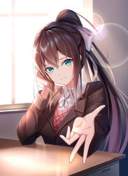 Rule 34 | 1girl, absurdres, brown hair, classroom, closed mouth, commentary, desk, doki doki literature club, english commentary, green eyes, hair ribbon, hand up, highres, looking at viewer, minoominoomi, monika (doki doki literature club), ponytail, ribbon, school uniform, solo, sunlight, white ribbon