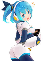 Rule 34 | 1girl, ass, blue hair, blush, bodysuit, breasts, commentary, from behind, hair ornament, hair ribbon, headphones, highres, holding, kobi (piliheros2000), long sleeves, looking at viewer, medium breasts, medium hair, mega man (series), mega man x4, mega man x (series), mega man x dive, ribbon, rico (mega man), side ponytail, simple background, smile, solo, white background