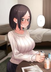 Rule 34 | 1girl, alcohol, bed, bedroom, blush, breasts, brown hair, can, chopsticks, closed mouth, commentary request, glasses, highres, holding, holding can, indoors, kamatsuka, large breasts, looking at viewer, original, parted bangs, plate, ribbed sweater, short hair, sidelocks, sitting, solo, sweater, table, white sweater