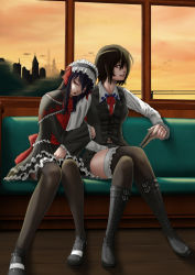 Rule 34 | 00s, 2girls, april (coyote ragtime show), arm hug, bench, black hair, book, boots, brown hair, cityscape, couple, coyote ragtime show, cross-laced footwear, crossed legs, dress, evening, closed eyes, frilled legwear, gothic lolita, hairband, highres, knee boots, legs, lolita fashion, multiple girls, original, red eyes, sawaragi, short hair, sitting, sky, sleeping, sleeping on person, sleeping upright, thighhighs, thighs, window, yuri