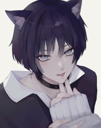 Rule 34 | 1boy, :p, animal ear fluff, animal ears, black collar, black hair, black shirt, blue eyes, blunt ends, bob cut, cat ears, collar, collared shirt, commentary, cross, cross earrings, earrings, english commentary, eyeshadow, genshin impact, grey background, hair between eyes, hand on another&#039;s chin, highres, holding another&#039;s arm, jewelry, kemonomimi mode, looking at viewer, makeup, male focus, portrait, pov, pov hands, purple eyeshadow, scaramouche (genshin impact), shirt, short hair, signature, simple background, slit pupils, solo, tongue, tongue out, twitter username, yuun ko