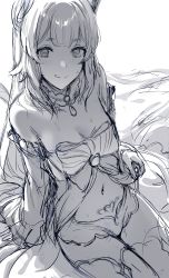 Rule 34 | 1girl, absurdres, bare shoulders, breasts, cleavage, detached collar, dress, genshin impact, greyscale, hews, highres, large breasts, licking lips, long hair, long sleeves, looking at viewer, monochrome, navel, ponytail, pubic tattoo, sangonomiya kokomi, short shorts, shorts, sidelocks, sitting, sketch, smile, solo, stomach tattoo, tattoo, thighhighs, tongue, tongue out, very long hair, wide sleeves