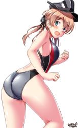 Rule 34 | 1girl, anchor hair ornament, blush, breasts, brown hair, competition swimsuit, dated, from behind, green eyes, hair between eyes, hair ornament, hat, highres, kantai collection, leg up, long hair, looking at viewer, looking back, low twintails, medium breasts, multicolored clothes, multicolored swimsuit, one-piece swimsuit, open mouth, peaked cap, prinz eugen (kancolle), shiny skin, sidelocks, signature, simple background, solo, swimsuit, tsuchimiya, twintails, white background