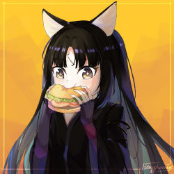 Rule 34 | 1girl, animal ears, arknights, artist name, black hair, black kimono, burger, commentary request, dog ears, eating, facial mark, fieryphoenix, fingerless gloves, food, forehead mark, gloves, hands up, highres, holding, holding food, japanese clothes, kimono, long hair, looking at viewer, purple gloves, saga (arknights), signature, solo, upper body, very long hair, yellow background, yellow eyes