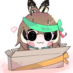 Rule 34 | 1girl, :3, ahoge, box, brown capelet, brown cloak, brown hair, capelet, cloak, feather hair ornament, feathers, gift wrapping, hair ornament, heart, highres, hololive, hololive english, in box, in container, koyoinacho, long hair, multicolored hair, nanashi mumei, package, ponytail, purikura, smol mumei, streaked hair, very long hair, virtual youtuber