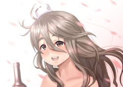 Rule 34 | 1girl, :d, bare shoulders, blurry, blush, bottle, commentary request, curly hair, depth of field, gradient background, kantai collection, long hair, looking at viewer, misumi (niku-kyu), open mouth, petals, pola (kancolle), silver hair, simple background, smile, solo, wind, wine bottle