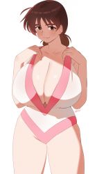 Rule 34 | 1girl, blush, breasts, brown eyes, brown hair, closed mouth, commission, copyright request, hair bun, hands up, highres, huge breasts, looking at viewer, mature female, ryusei hashida, signature, simple background, single hair bun, smile, solo, standing, white background