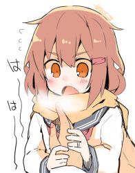 Rule 34 | 10s, 1girl, blush, breath, brown eyes, brown hair, fang, hair ornament, hairclip, holding hands, ikazuchi (kancolle), jewelry, kantai collection, nanateru, open mouth, out of frame, pov, pov hands, ring, scarf, school uniform, serafuku, short hair, solo focus, wedding band