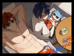 Rule 34 | 2boys, abs, alcryst (fire emblem), armpits, blue hair, brothers, closed mouth, cup, diamant (fire emblem), eyewear on head, fire emblem, fire emblem engage, food, fruit, hair ornament, hairclip, highres, jewelry, looking at another, male focus, midriff, multiple boys, muscular, muscular male, navel, necklace, nintendo, nipples, pectorals, red eyes, red hair, shirt, siblings, sommie (fire emblem), sunglasses, table, topless male, watermelon, wogesb
